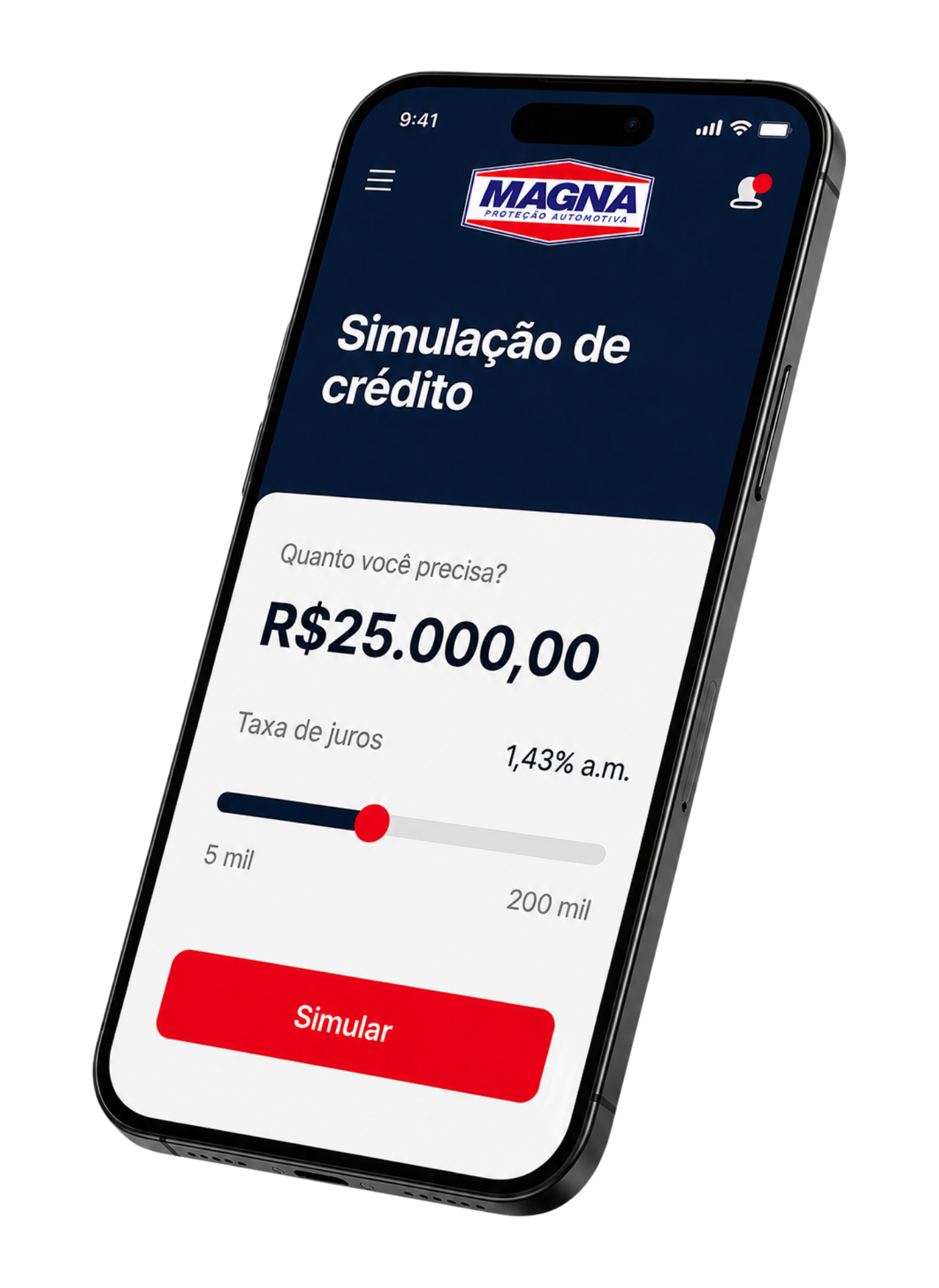 App da Magna mostrando simulação de crédito